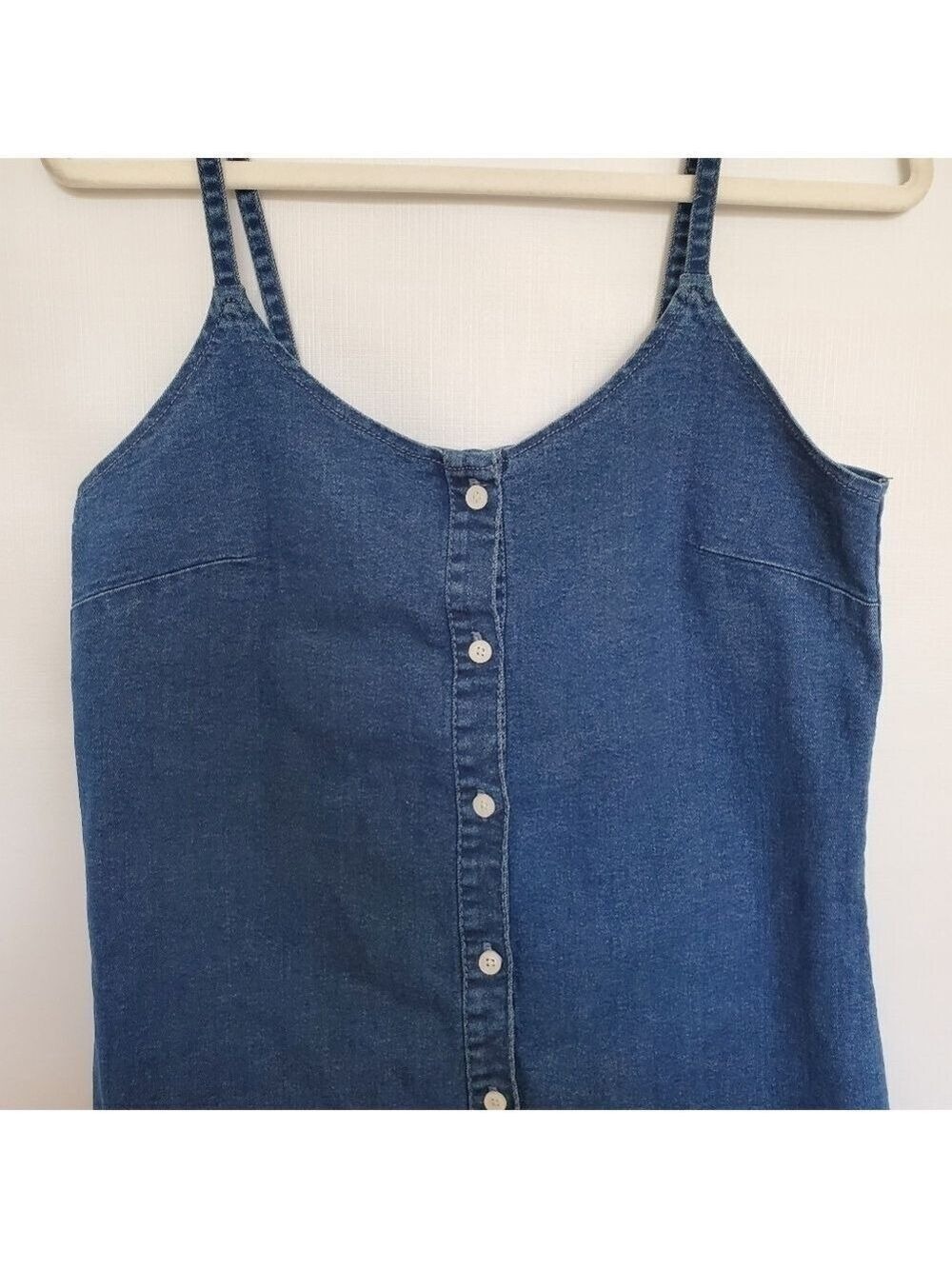 DENIM MINI DRESS 90'S Y2K WOMENS XL BLUE BUTTON UP RAW HEM COACHELLA STAGECOACH - Picture 5 of 11